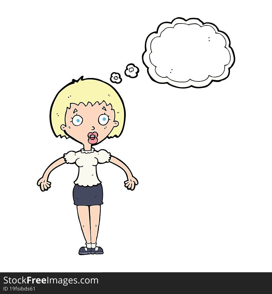 cartoon confused woman shrugging shoulders with thought bubble