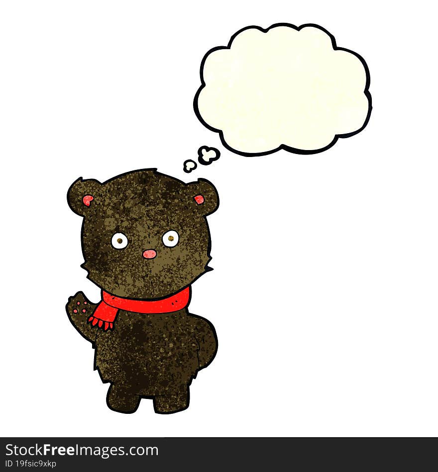 cartoon waving black bear cub with thought bubble