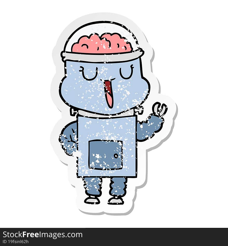 distressed sticker of a happy cartoon robot