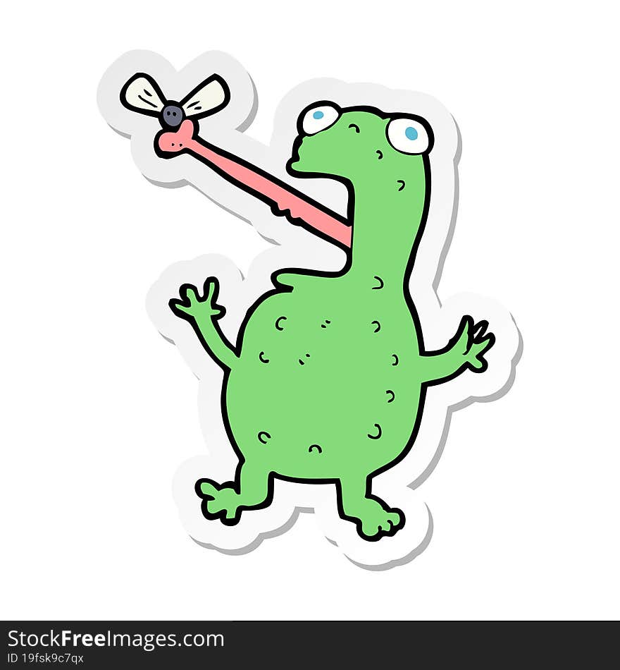 sticker of a cartoon frog catching fly