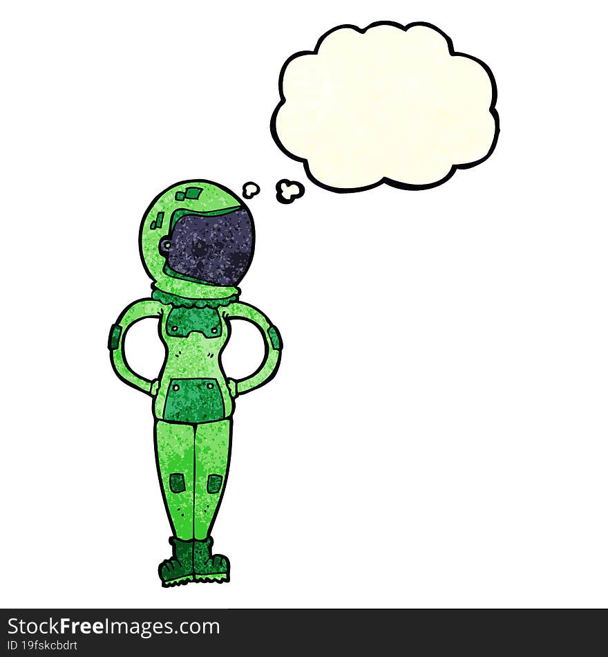 cartoon female astronaut with thought bubble