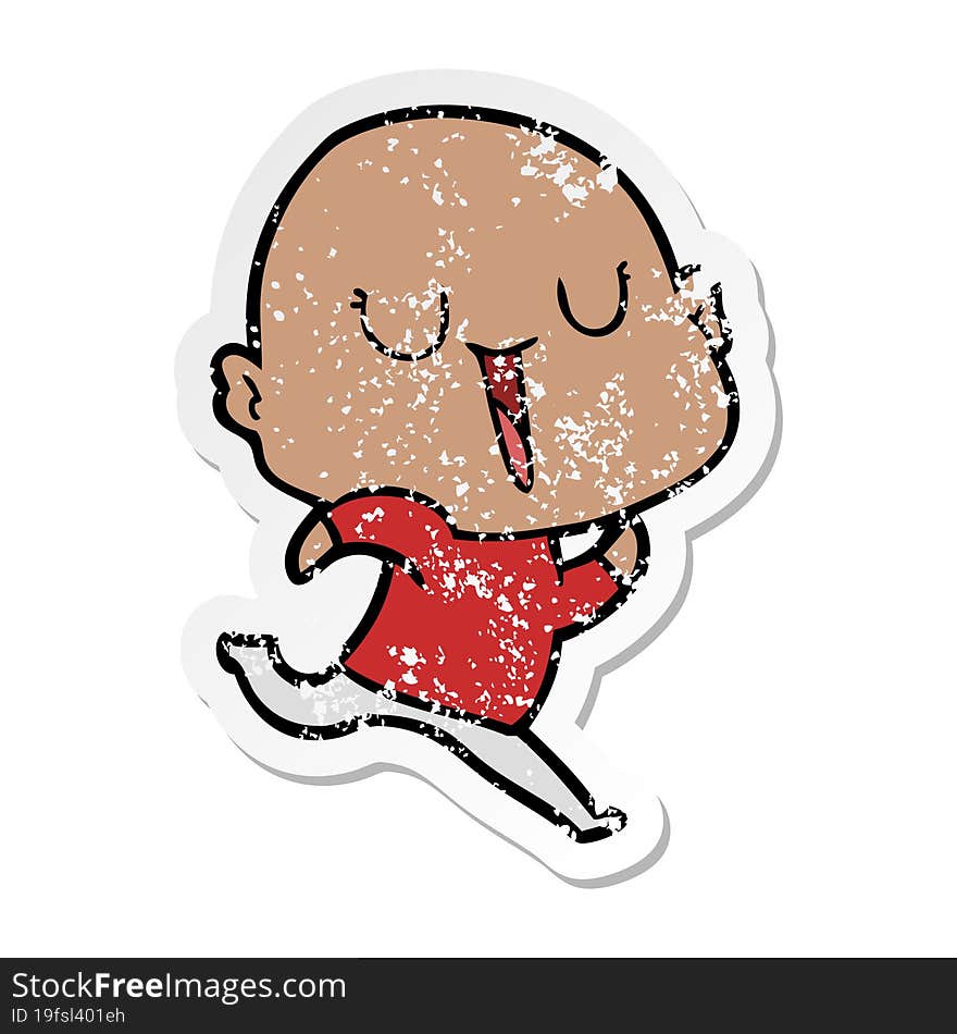 distressed sticker of a happy cartoon bald man