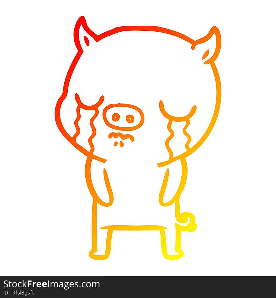 warm gradient line drawing of a cartoon pig crying