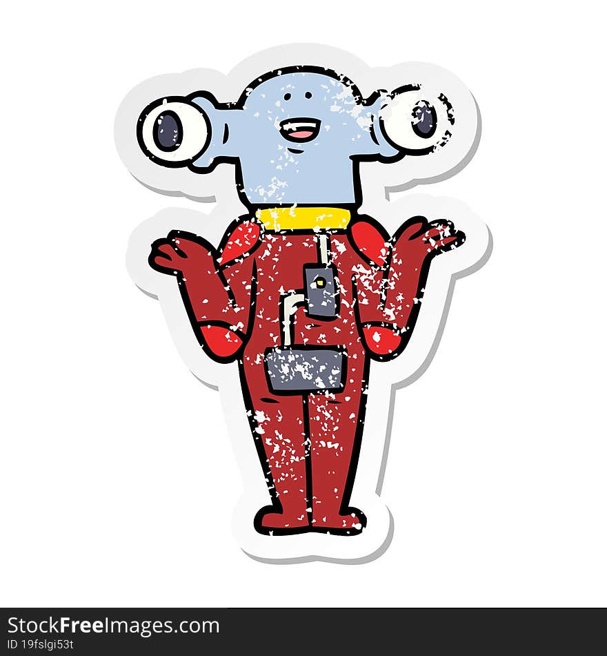 distressed sticker of a friendly cartoon alien shrugging