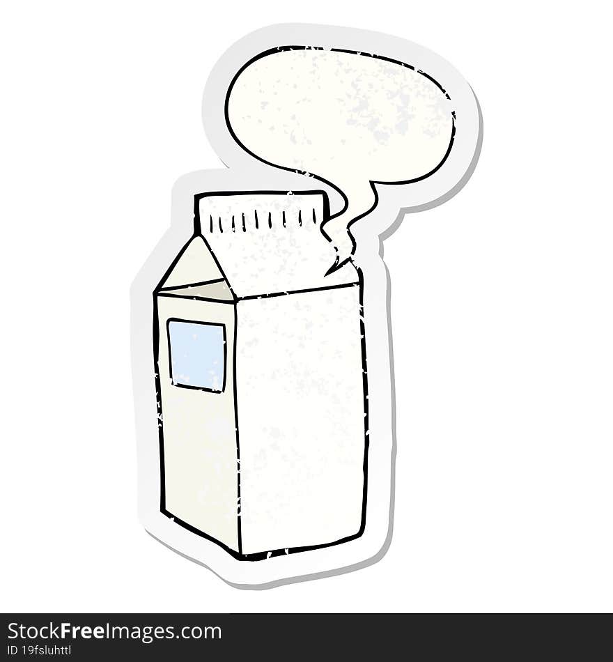 cartoon milk carton and speech bubble distressed sticker