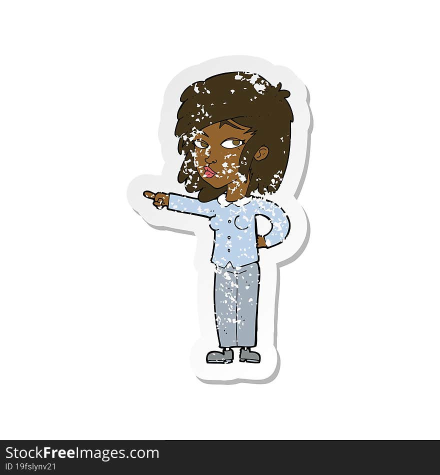 retro distressed sticker of a cartoon woman pointing