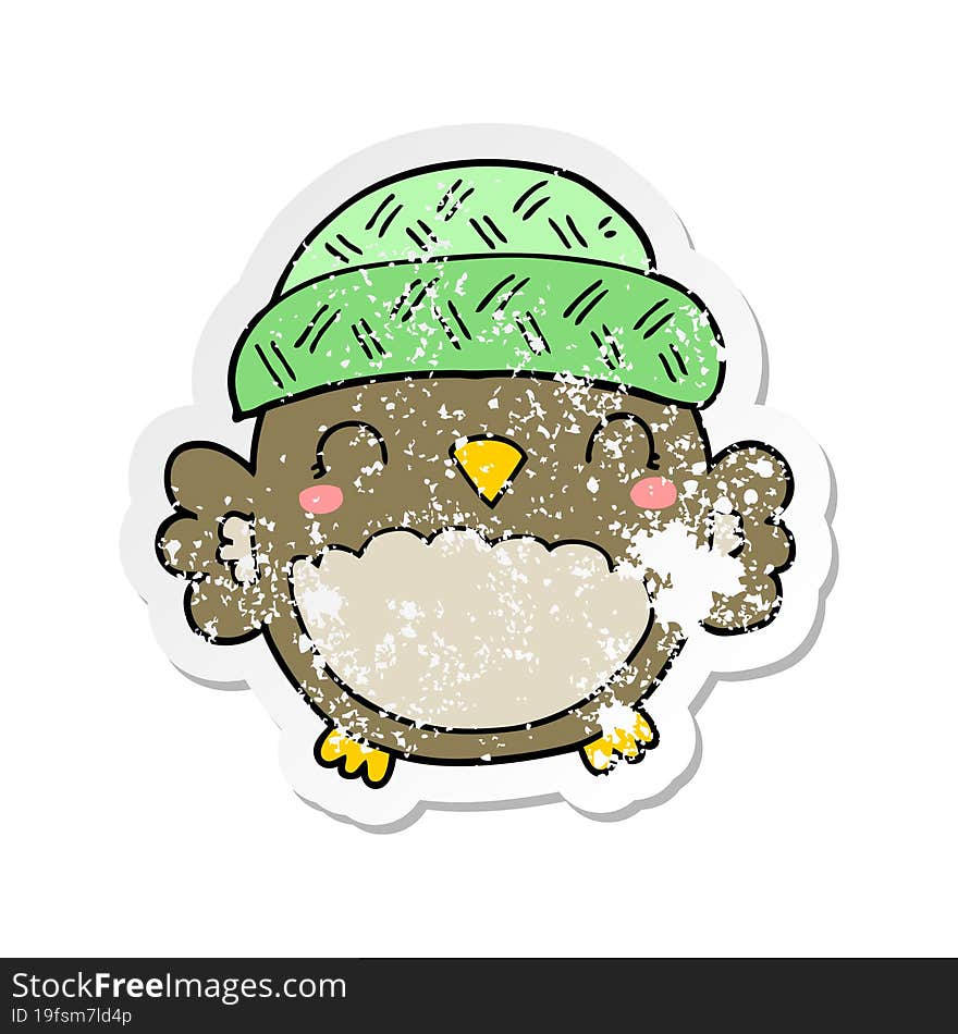 Distressed Sticker Of A Cute Cartoon Owl In Hat