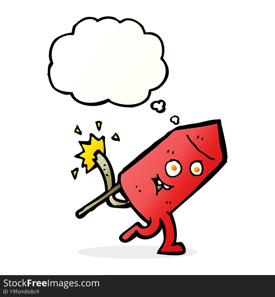 cartoon funny firework character with thought bubble