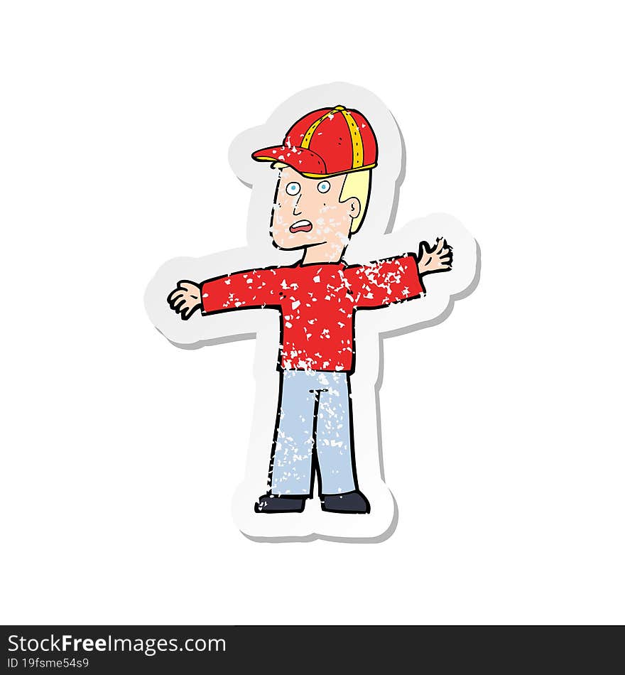 retro distressed sticker of a cartoon man wearing cap