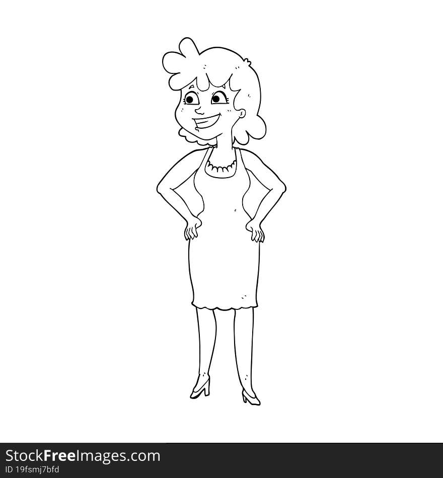 freehand drawn black and white cartoon happy woman wearing dress