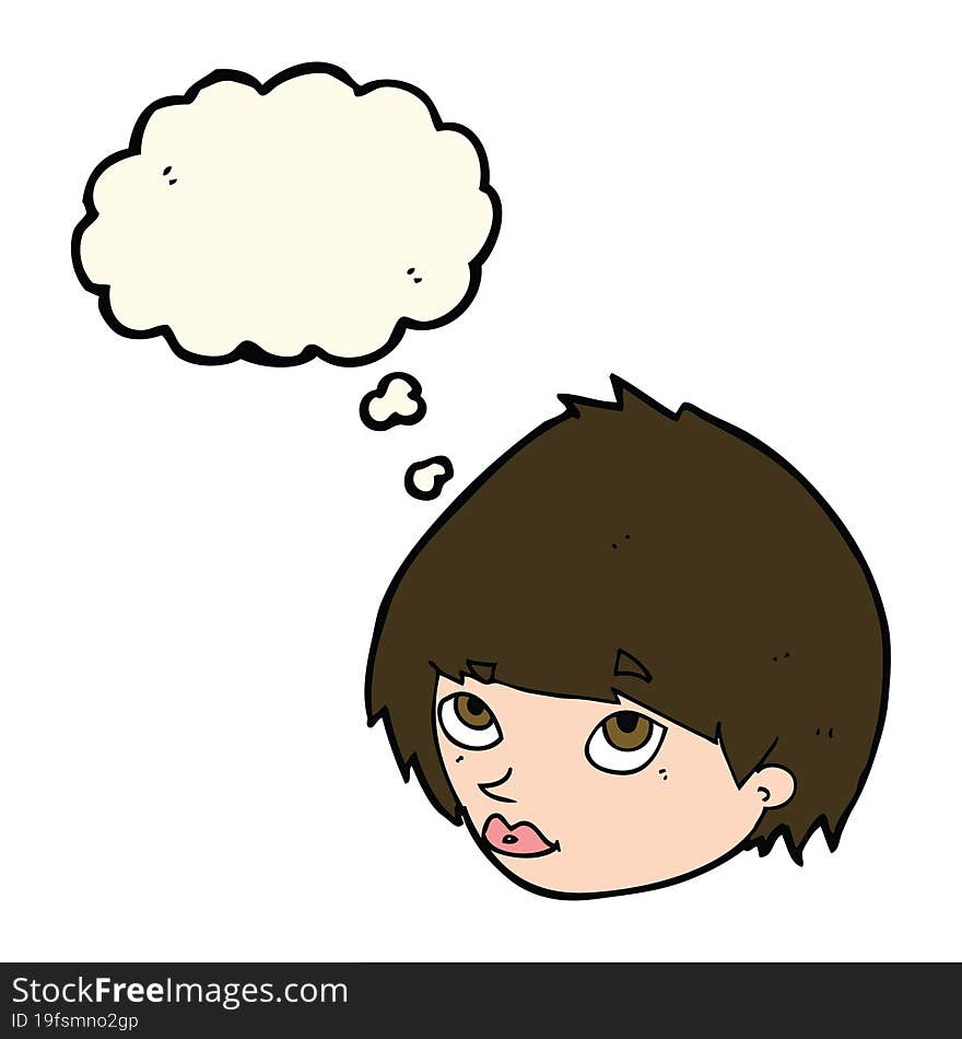 cartoon female face looking up with thought bubble