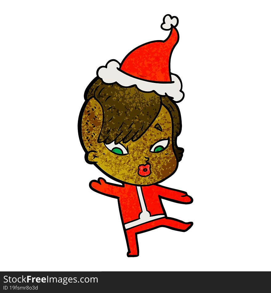 hand drawn textured cartoon of a surprised girl in science fiction clothes wearing santa hat