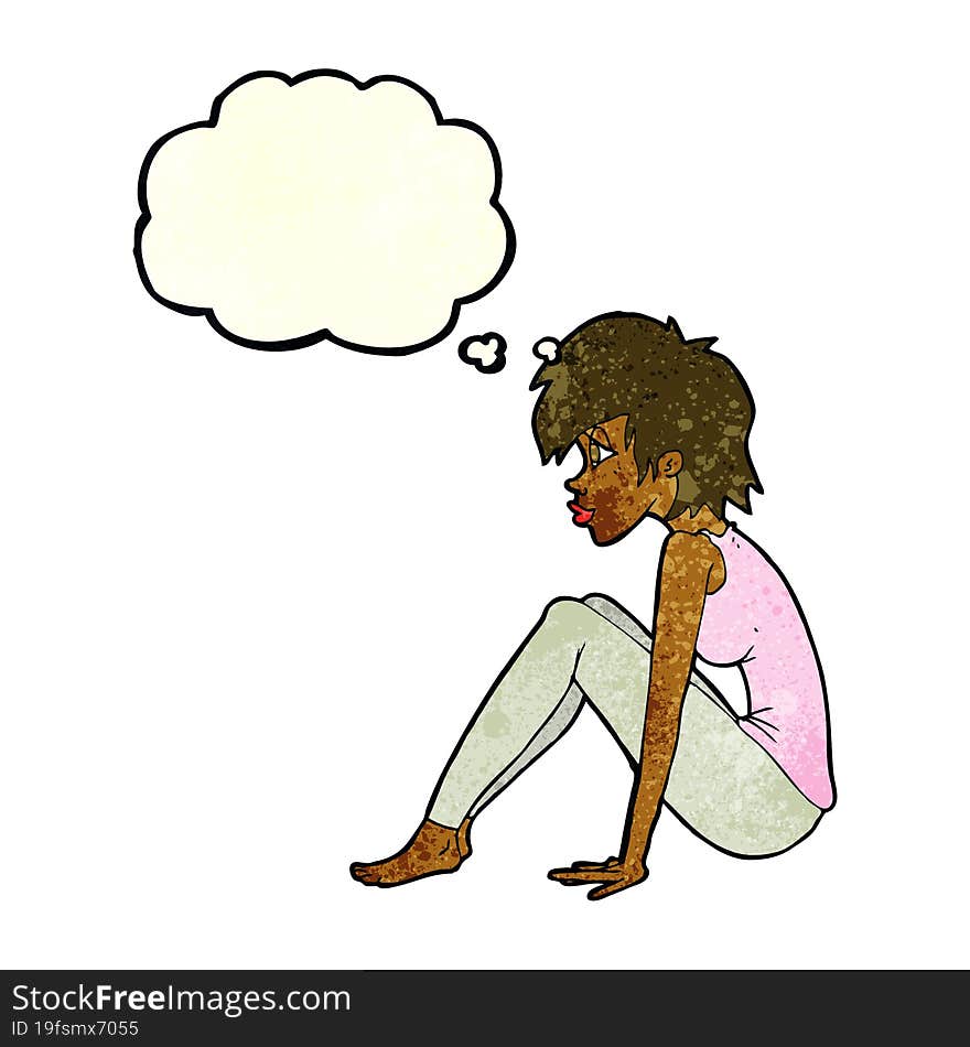 cartoon woman sitting with thought bubble