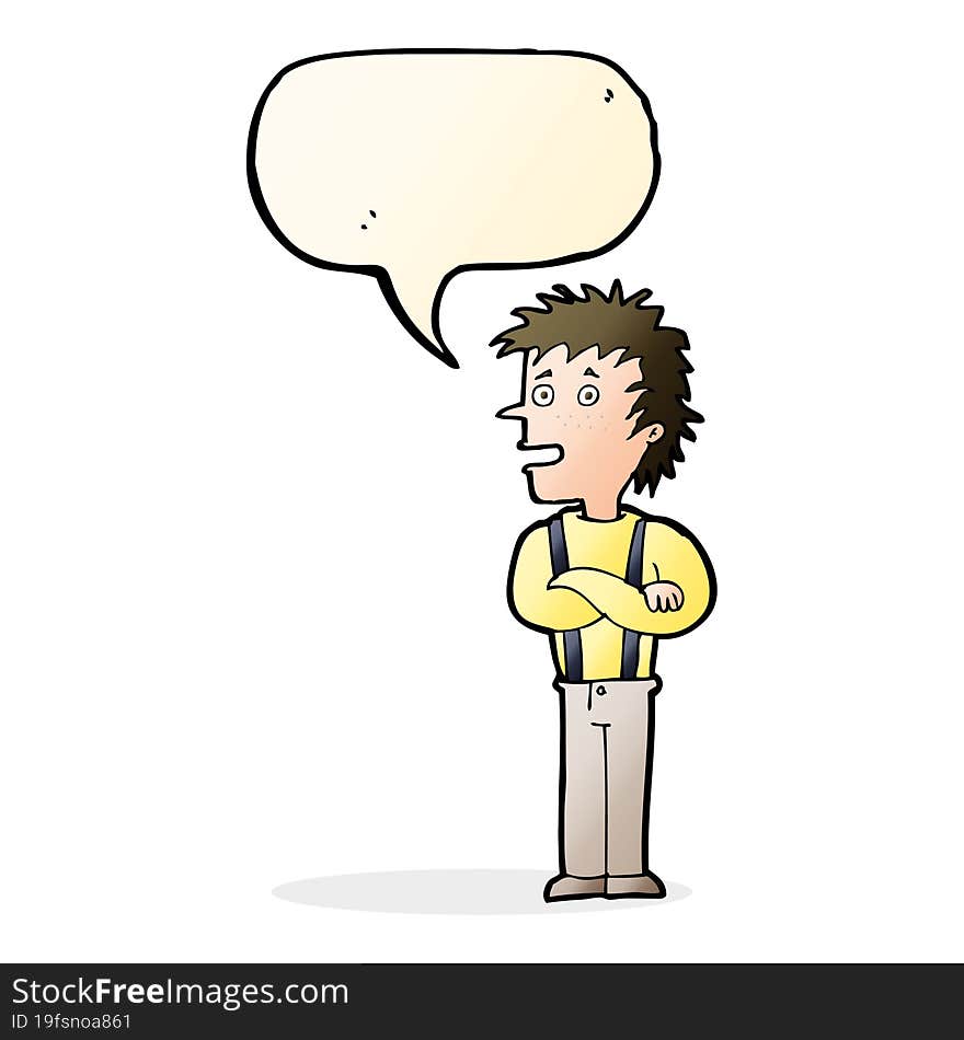 cartoon boy with folded arms with speech bubble