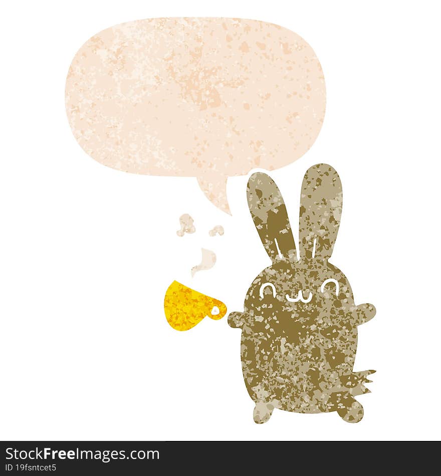 Cute Cartoon Rabbit Drinking Coffee And Speech Bubble In Retro Textured Style