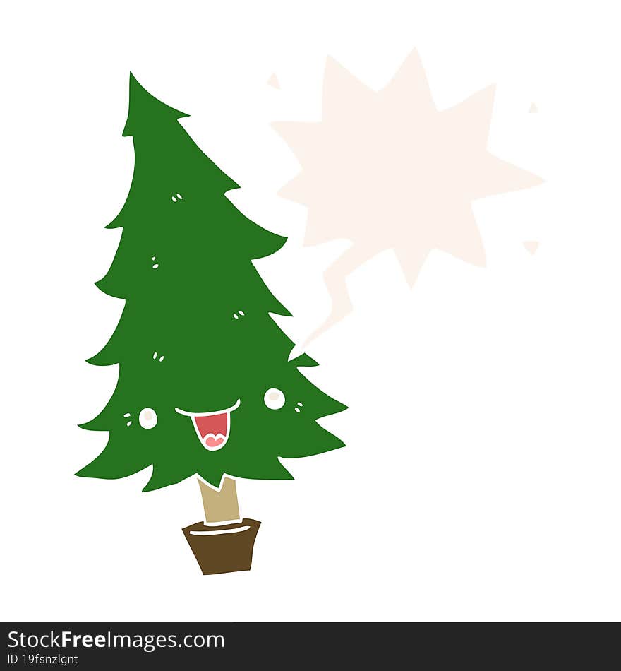 Cute Cartoon Christmas Tree And Speech Bubble In Retro Style