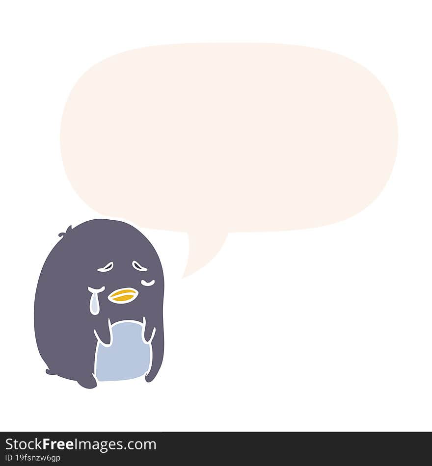 cartoon crying penguin and speech bubble in retro style