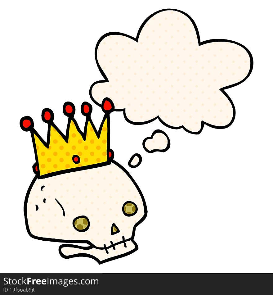 cartoon skull with crown and thought bubble in comic book style