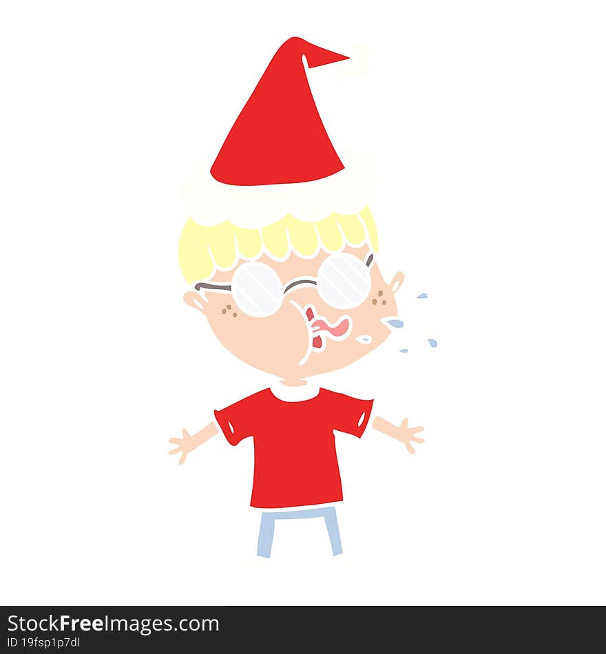 Flat Color Illustration Of A Boy Wearing Spectacles Wearing Santa Hat