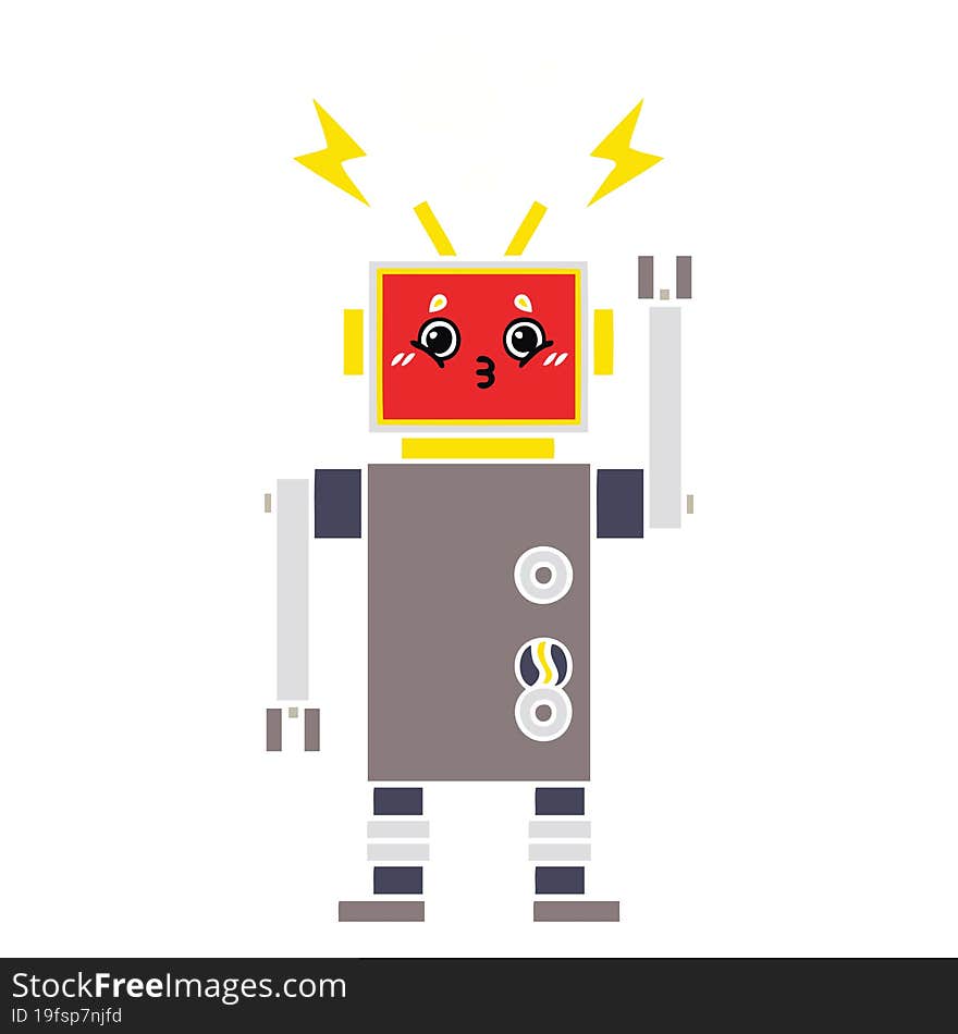 flat color retro cartoon of a robot malfunction