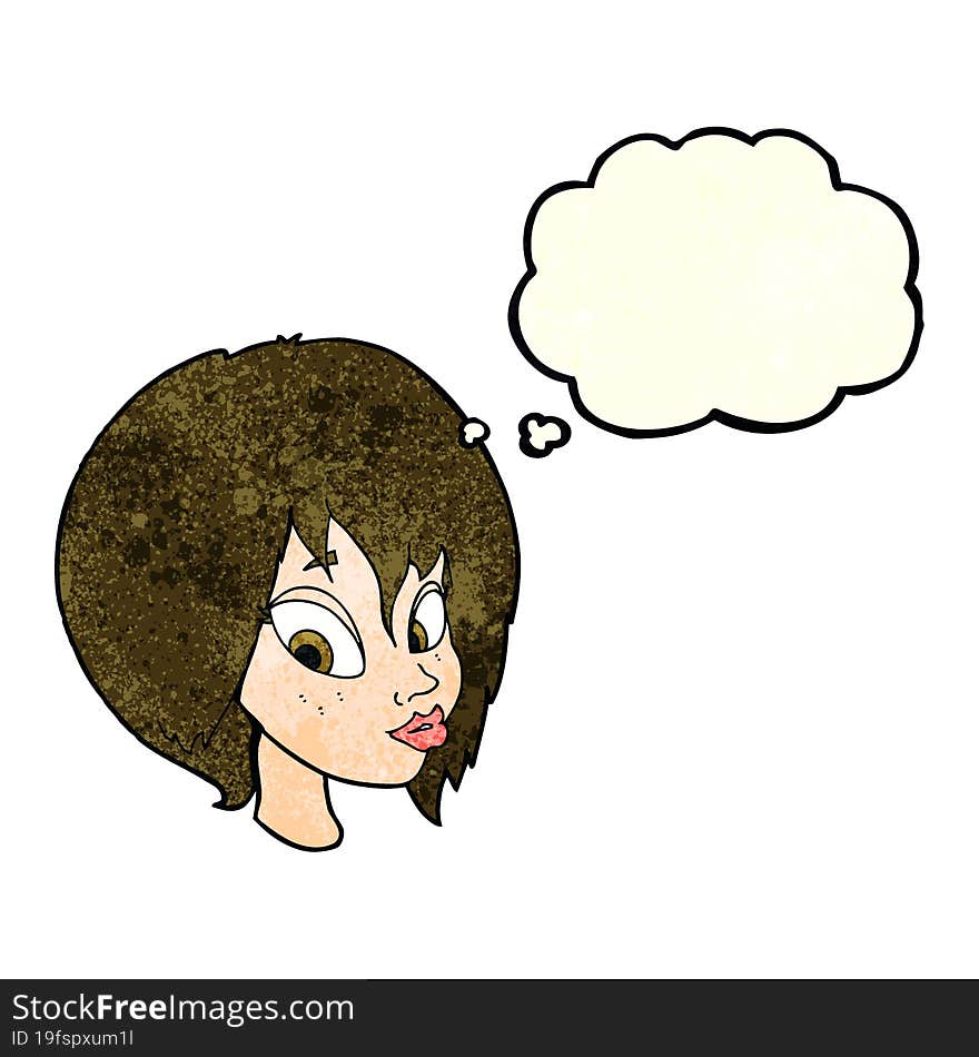 cartoon pretty female face pouting with thought bubble