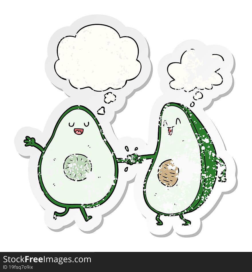 cartoon dancing avocados with thought bubble as a distressed worn sticker