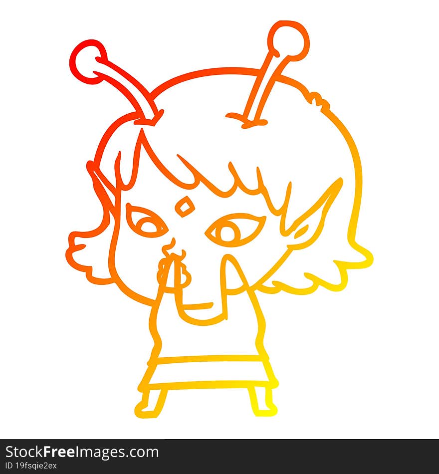 Warm Gradient Line Drawing Pretty Cartoon Alien Girl