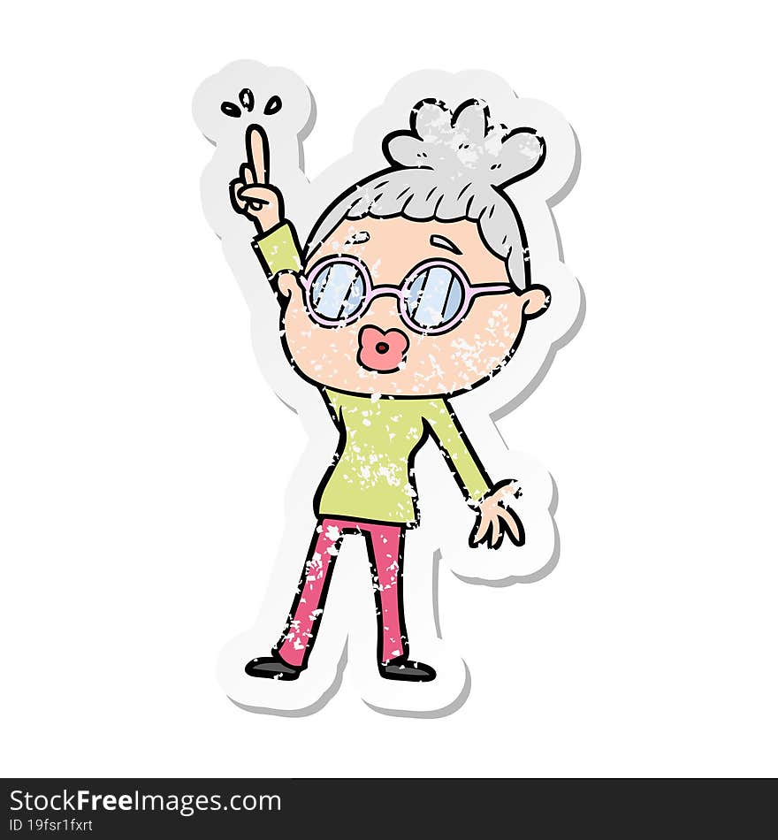 distressed sticker of a cartoon dancing woman wearing spectacles