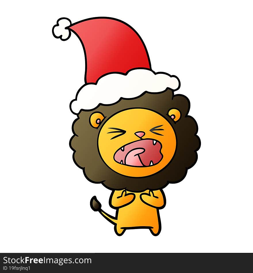 hand drawn gradient cartoon of a lion wearing santa hat