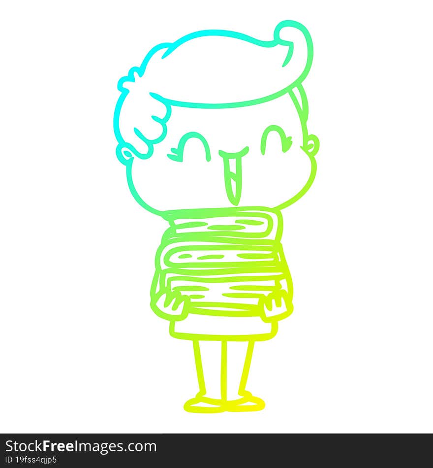 cold gradient line drawing cartoon laughing boy carrying books