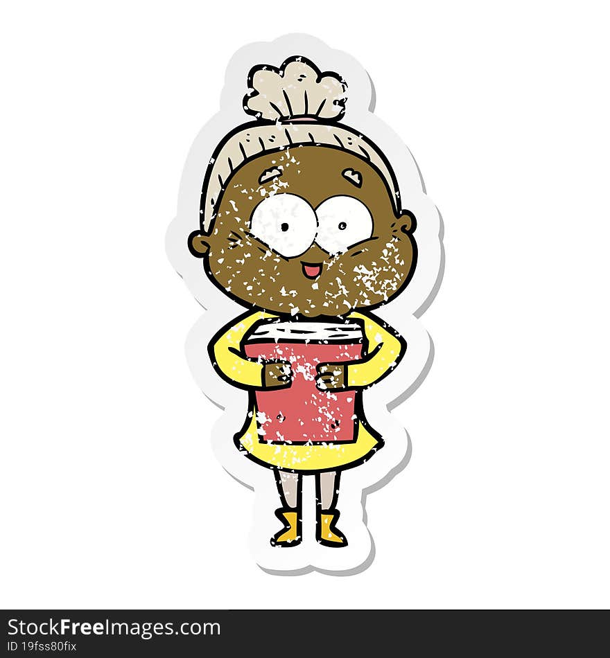 distressed sticker of a cartoon happy old woman