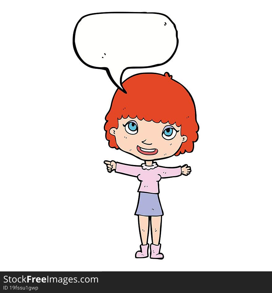 cartoon happy woman pointing with speech bubble