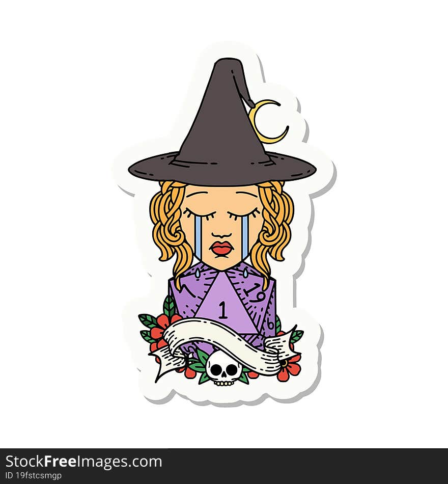 crying human witch with natural D20 roll sticker