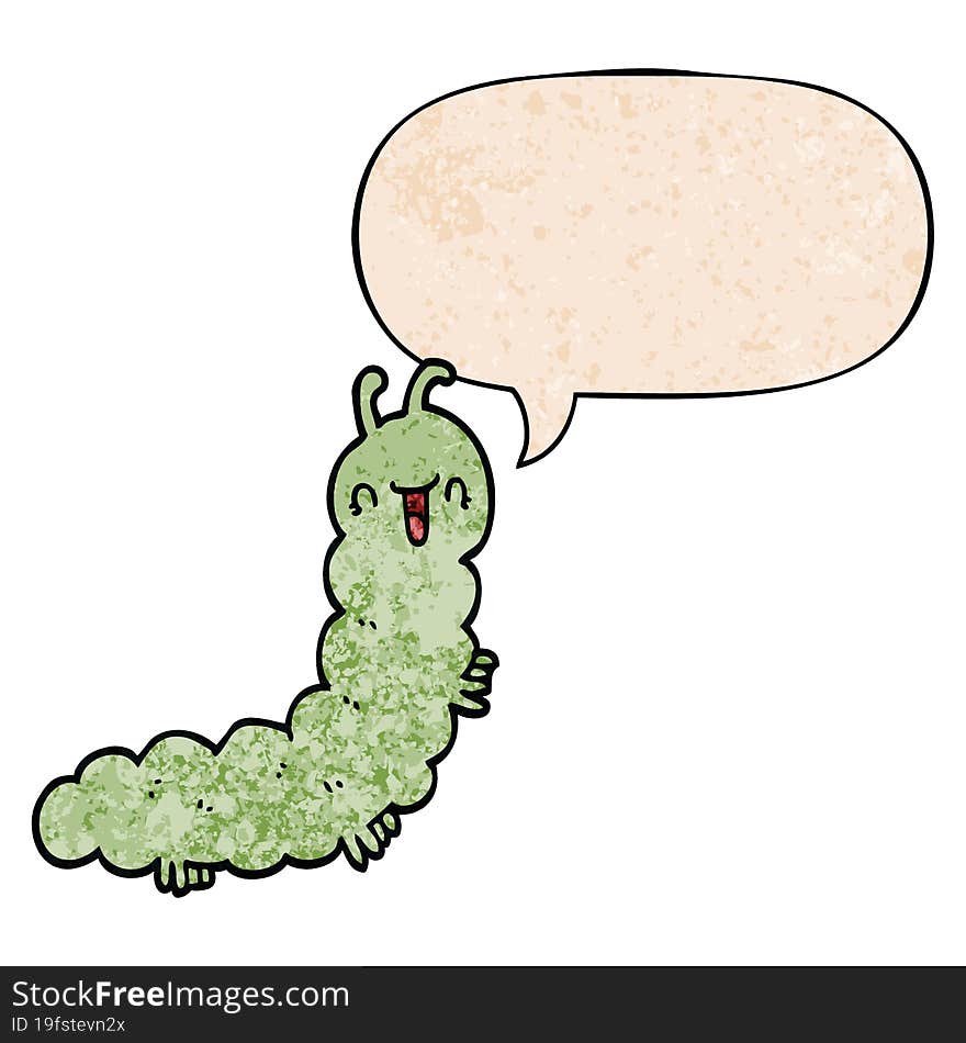 cartoon caterpillar and speech bubble in retro texture style