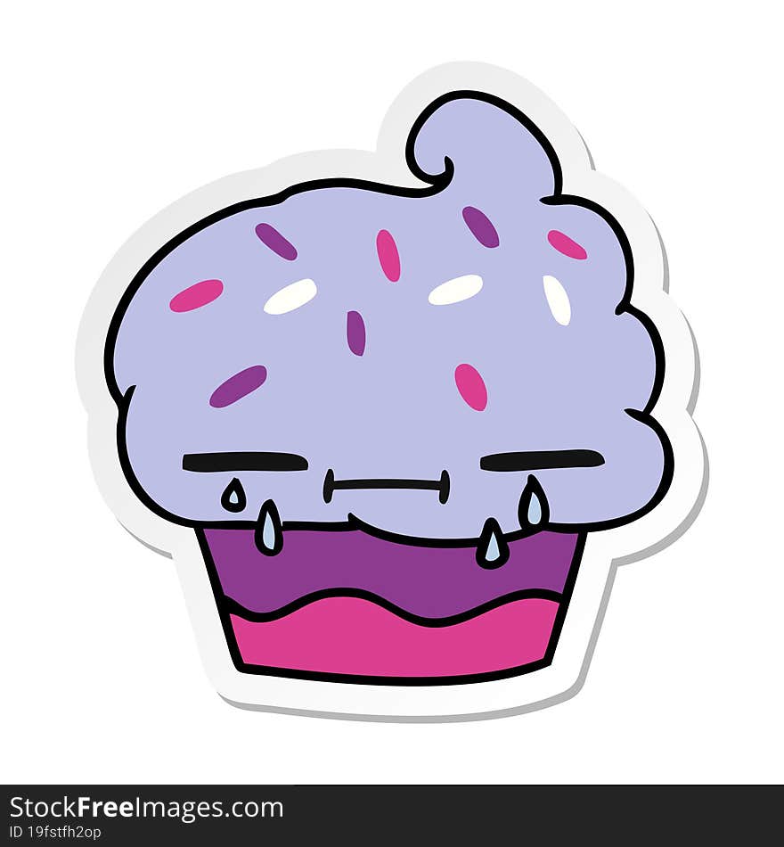 sticker cartoon of a crying cupcake