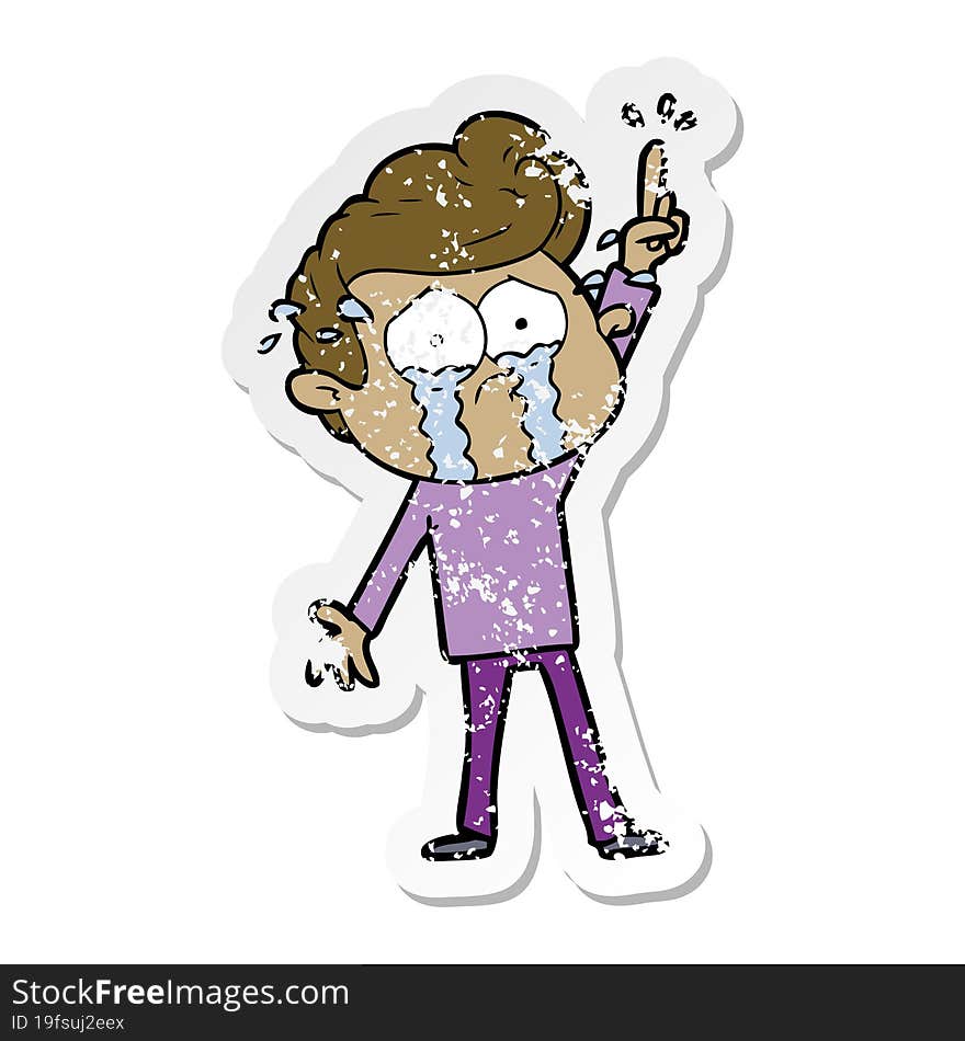 Distressed Sticker Of A Cartoon Crying Man Trying To Ask A Question