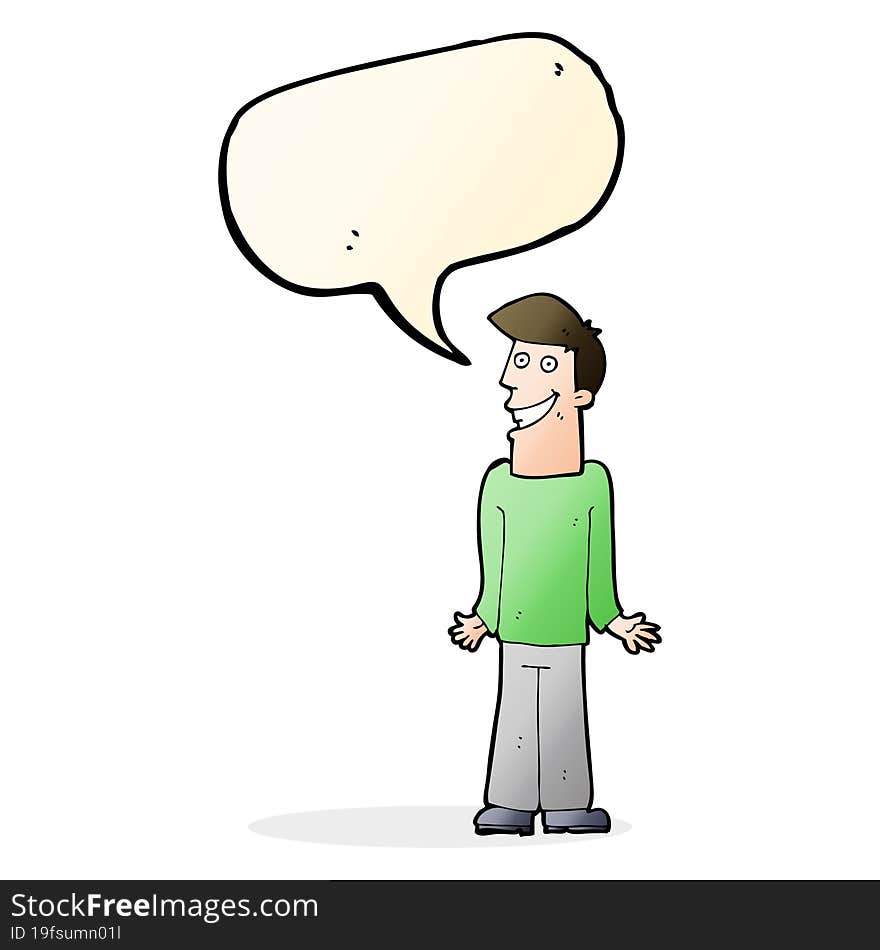 cartoon man shrugging shoulders with speech bubble