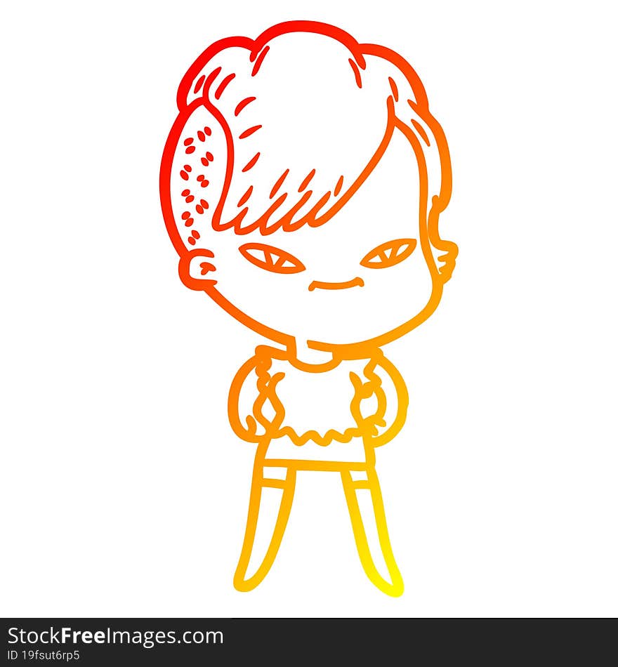 warm gradient line drawing of a cute cartoon girl with hipster haircut