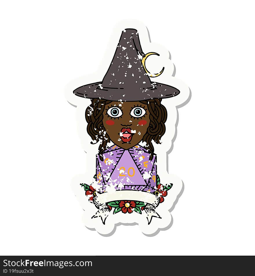 Retro Tattoo Style human witch with natural twenty dice roll. Retro Tattoo Style human witch with natural twenty dice roll