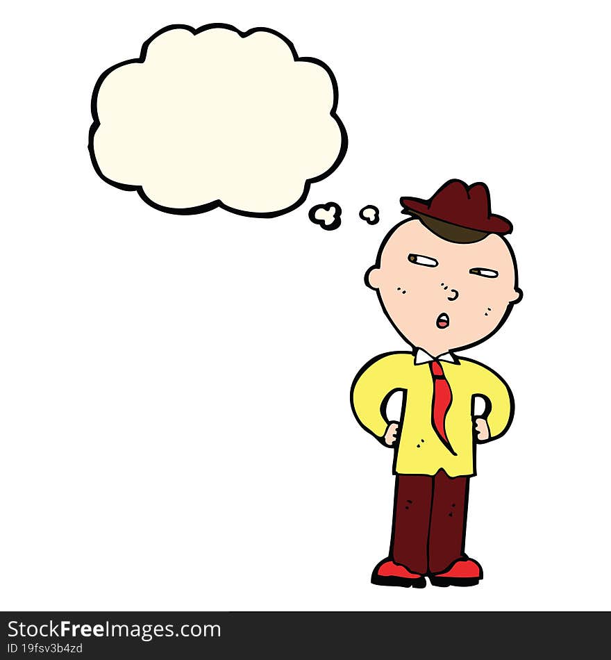 cartoon man wearing hat with thought bubble