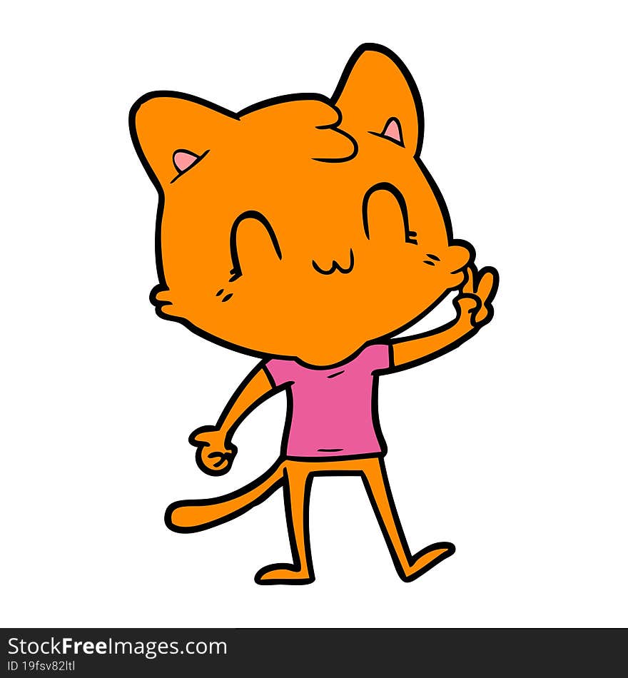 cartoon happy cat giving peace sign. cartoon happy cat giving peace sign