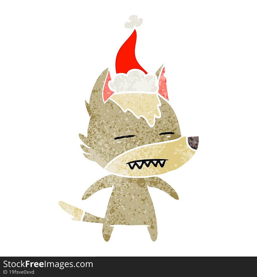 retro cartoon of a wolf showing teeth wearing santa hat