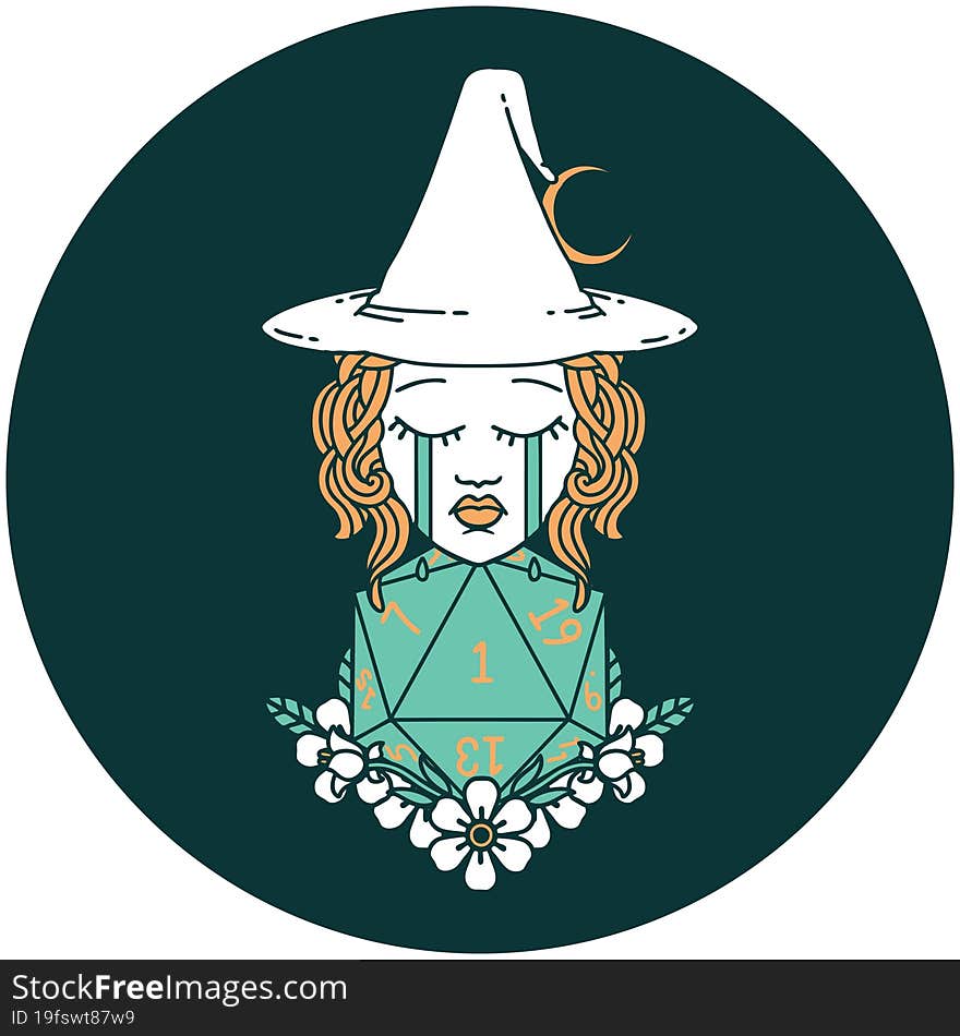 icon of crying human witch with natural one D20 dice roll. icon of crying human witch with natural one D20 dice roll