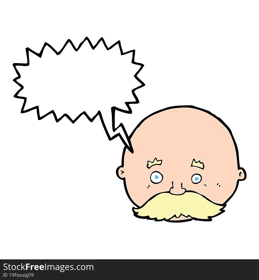 cartoon bald man with mustache with speech bubble