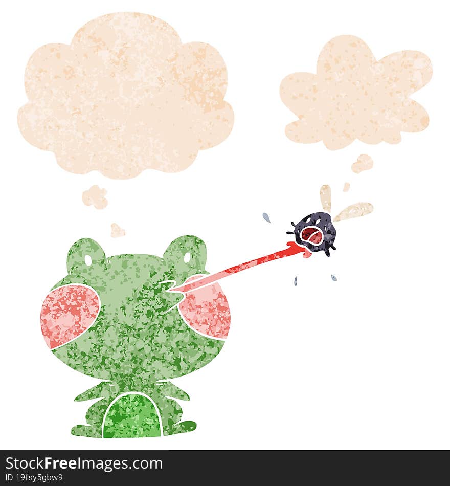 cartoon frog catching fly and thought bubble in retro textured style