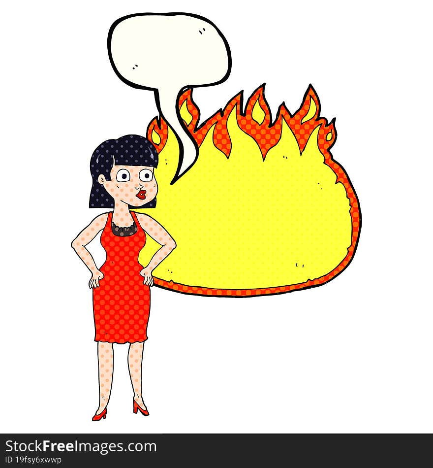 freehand drawn comic book speech bubble cartoon woman in dress with hands on hips and flame banner