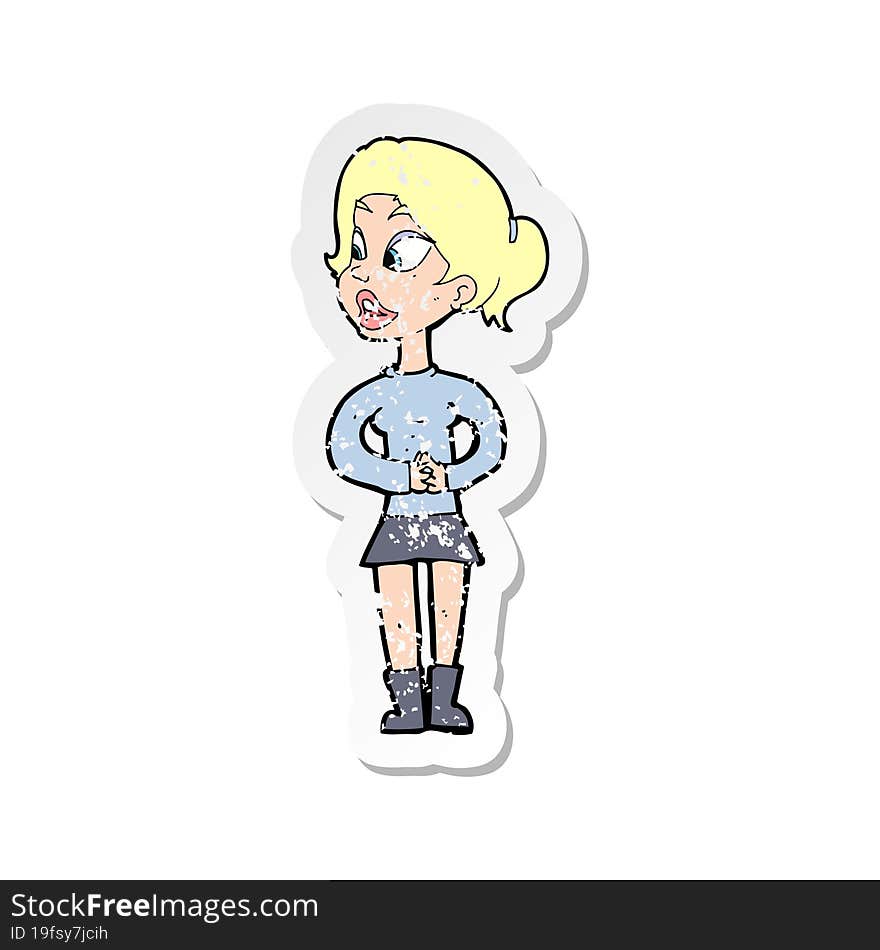 retro distressed sticker of a cartoon girl talking