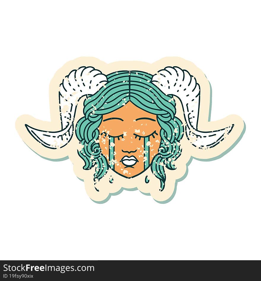 grunge sticker of a crying tiefling character face. grunge sticker of a crying tiefling character face