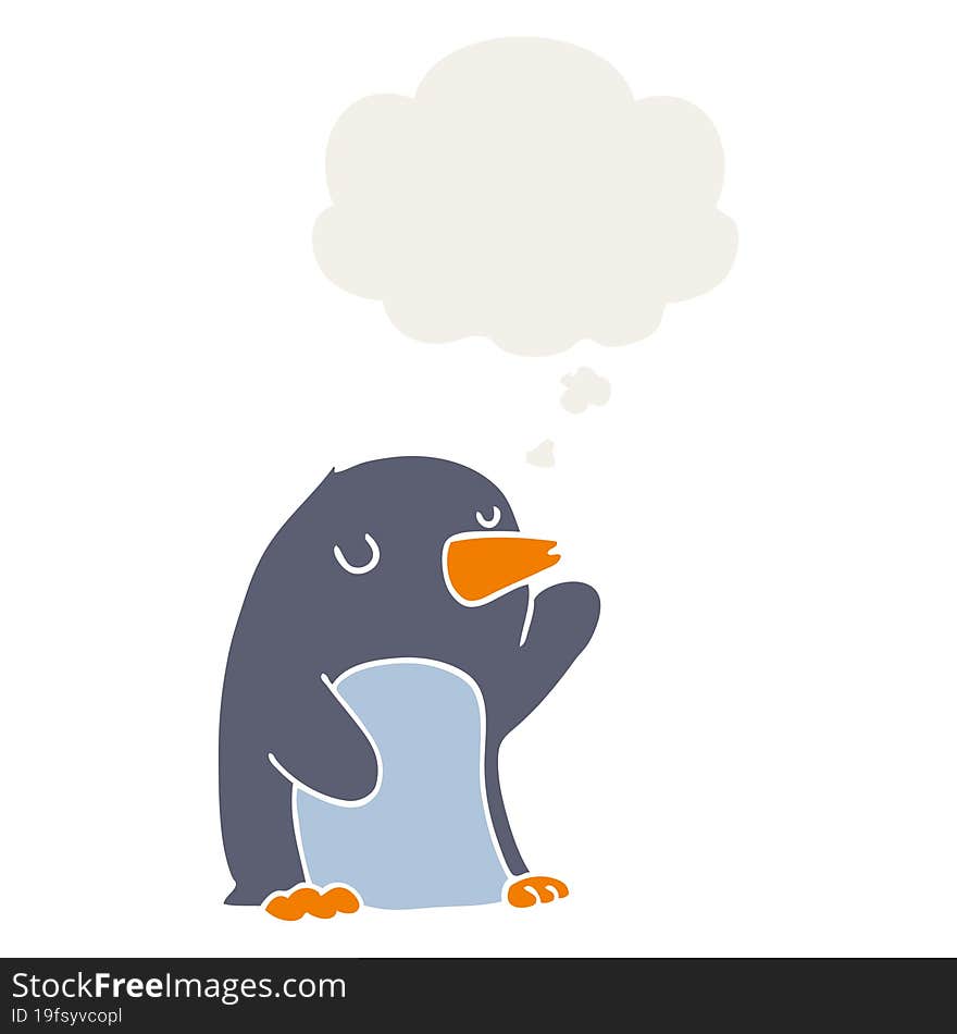 cartoon penguin with thought bubble in retro style