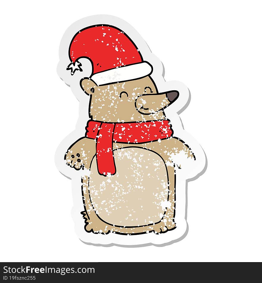 distressed sticker of a cartoon christmas bear